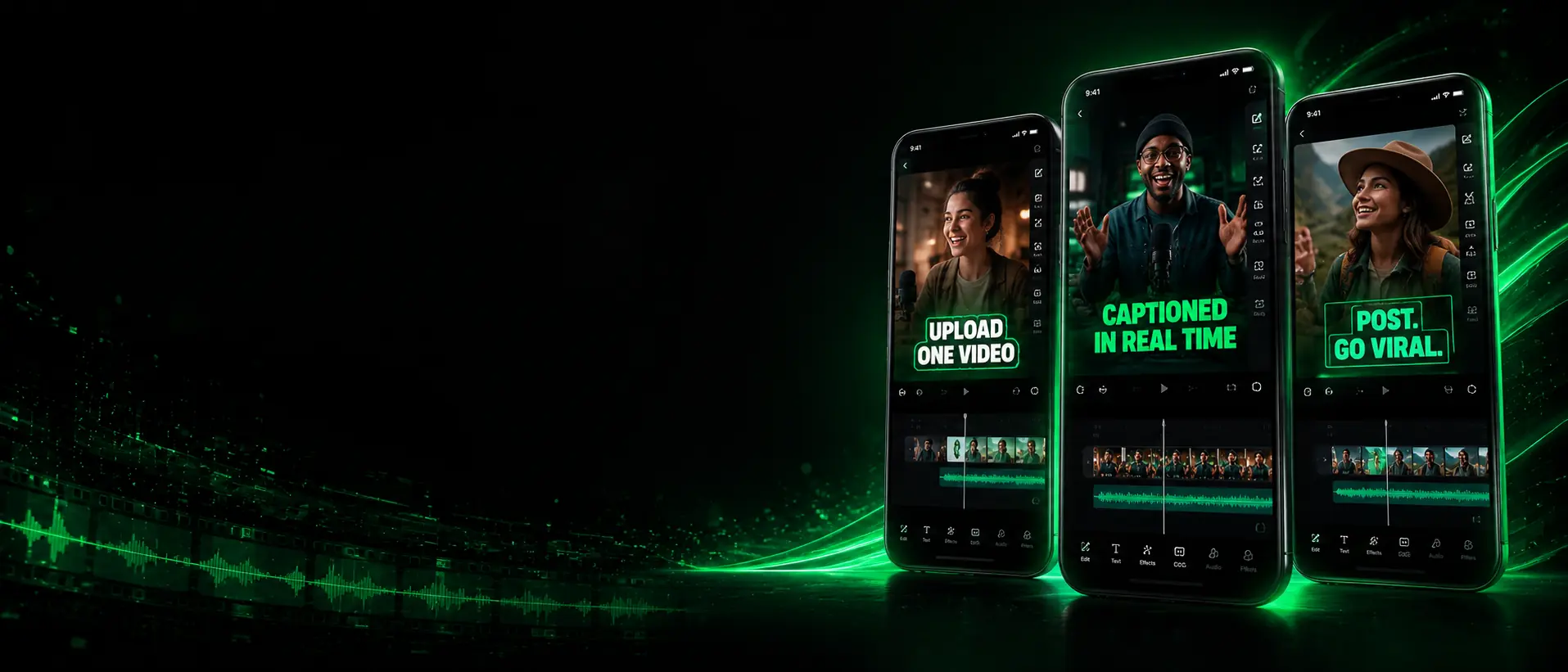 Three phones playing the same clip with real-time green captions